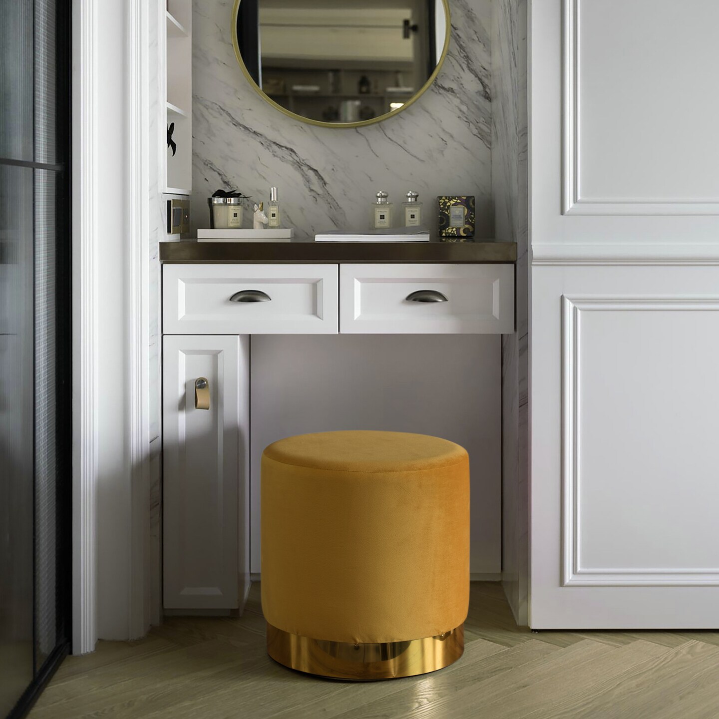 Modern Round Velvet Fabric Standard Ottoman Stool with Gold Base