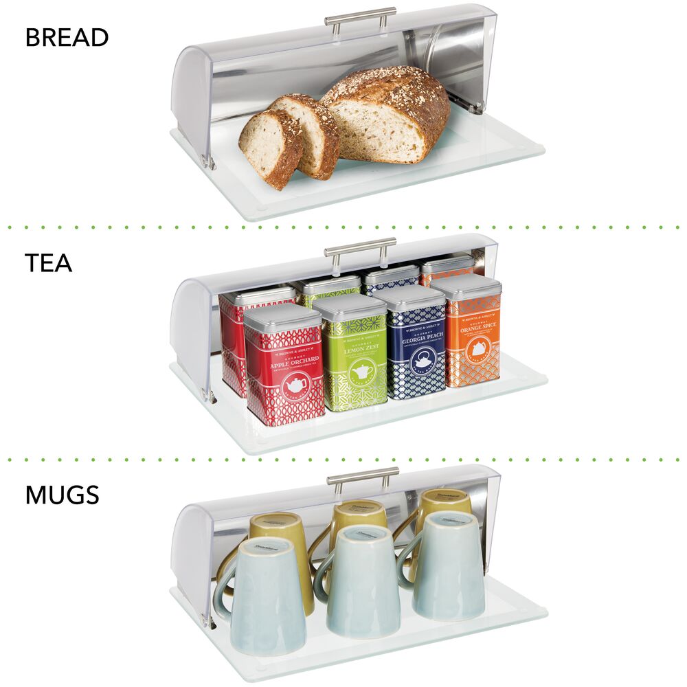 mDesign Metal Kitchen Countertop Bread Box, Roll Top Lid, Glass Base - Brushed