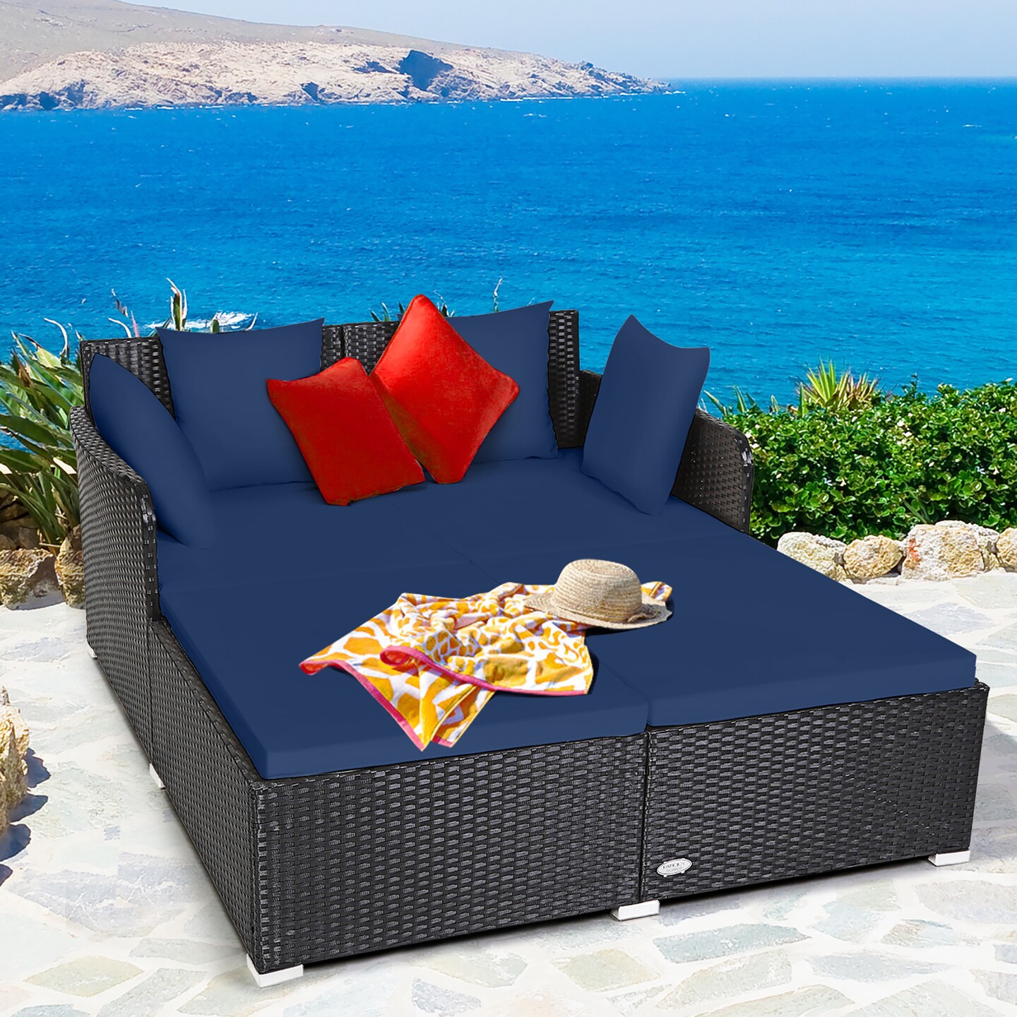 Costway Outdoor Patio Rattan Daybed Pillows Cushioned Sofa Furniture Beige/Turquoise/Red/Black