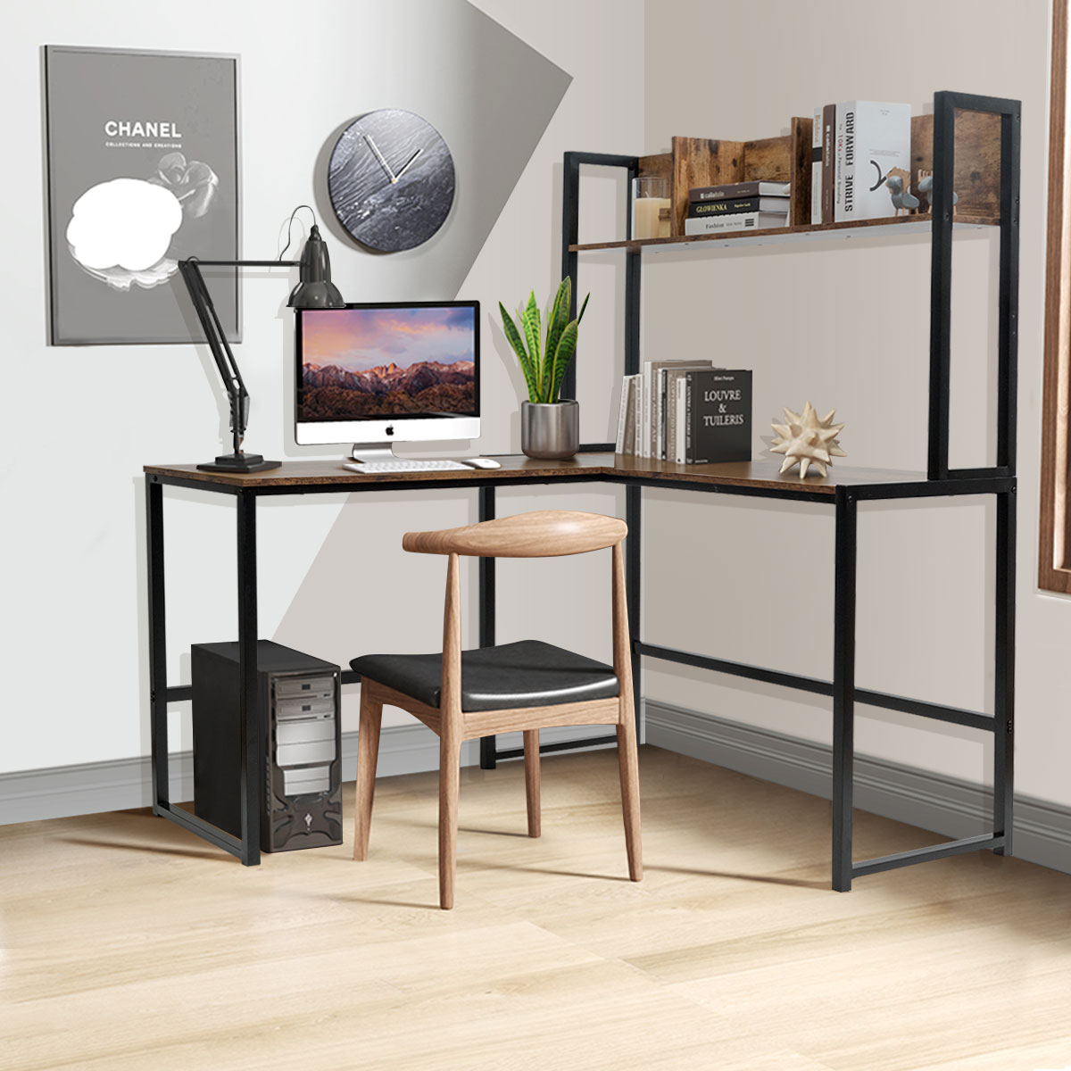 Costway Industrial L-Shaped Desk w/Hutch Bookshelf 55'' Corner Computer ...