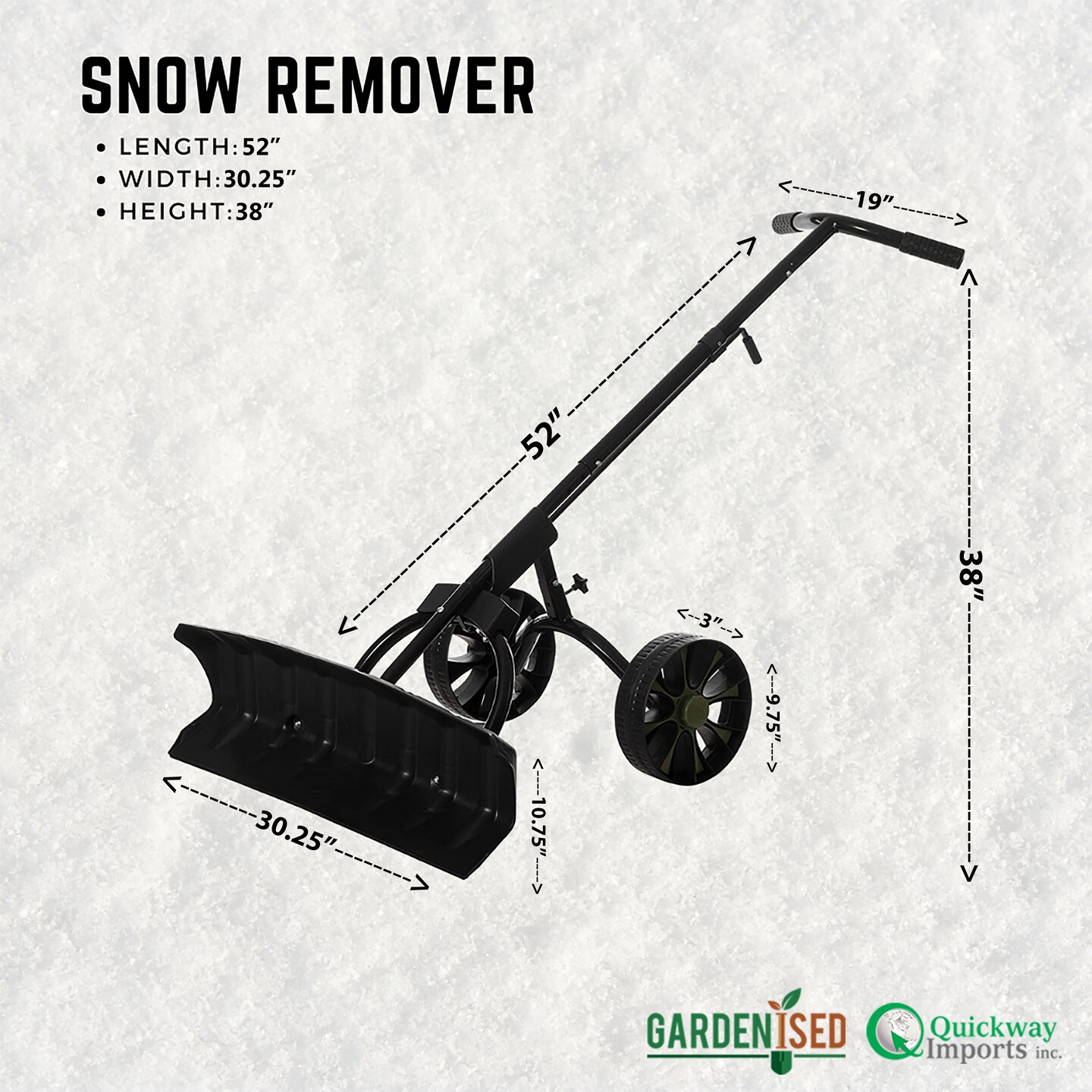 Extra Wide 36 in. Snow Shovel Plow Pusher Remover with Large Rugged Wheels, Heavy Duty, Black
