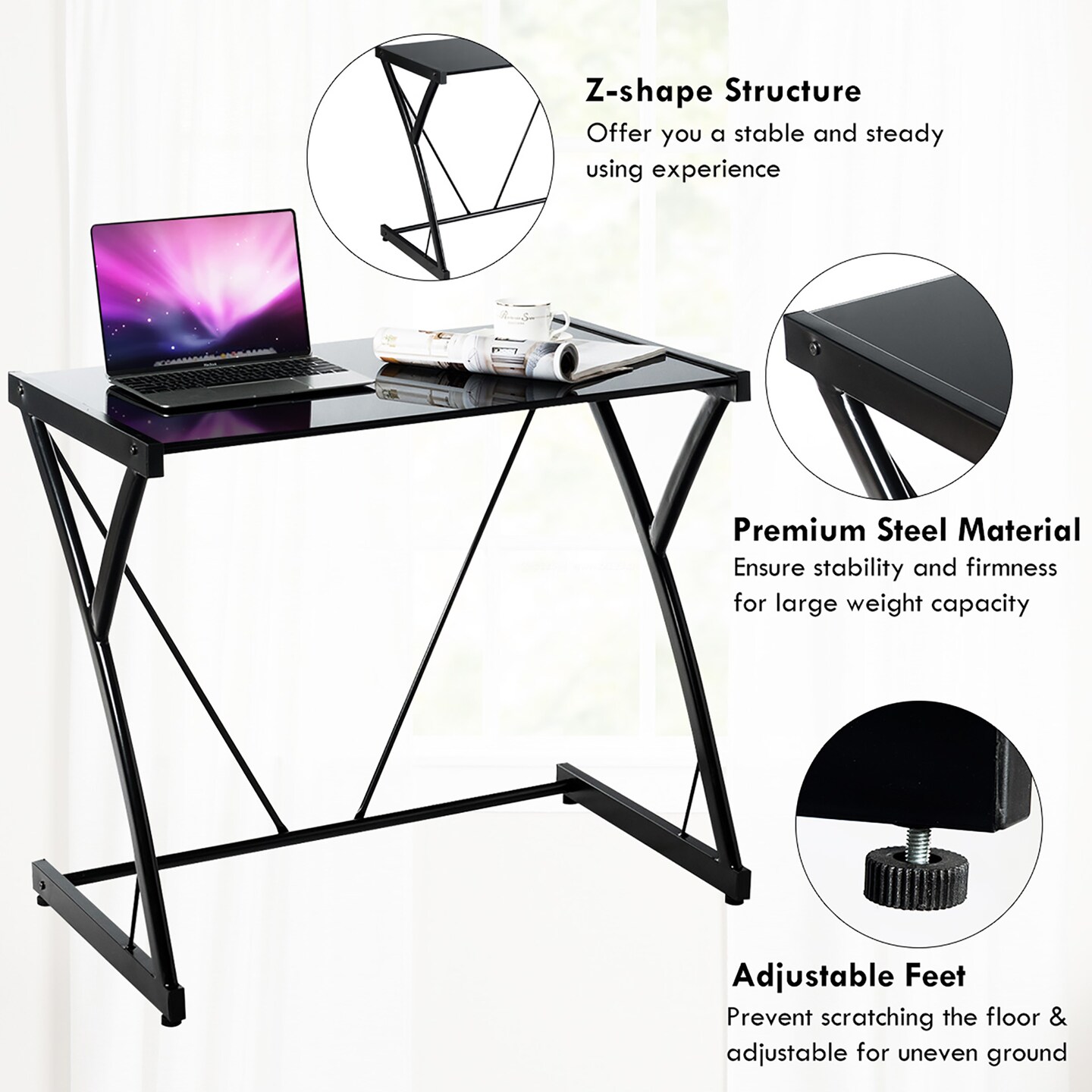 Costway Glass Top Computer Desk Laptop Writing Study Workstation Z-Shaped Metal Frame