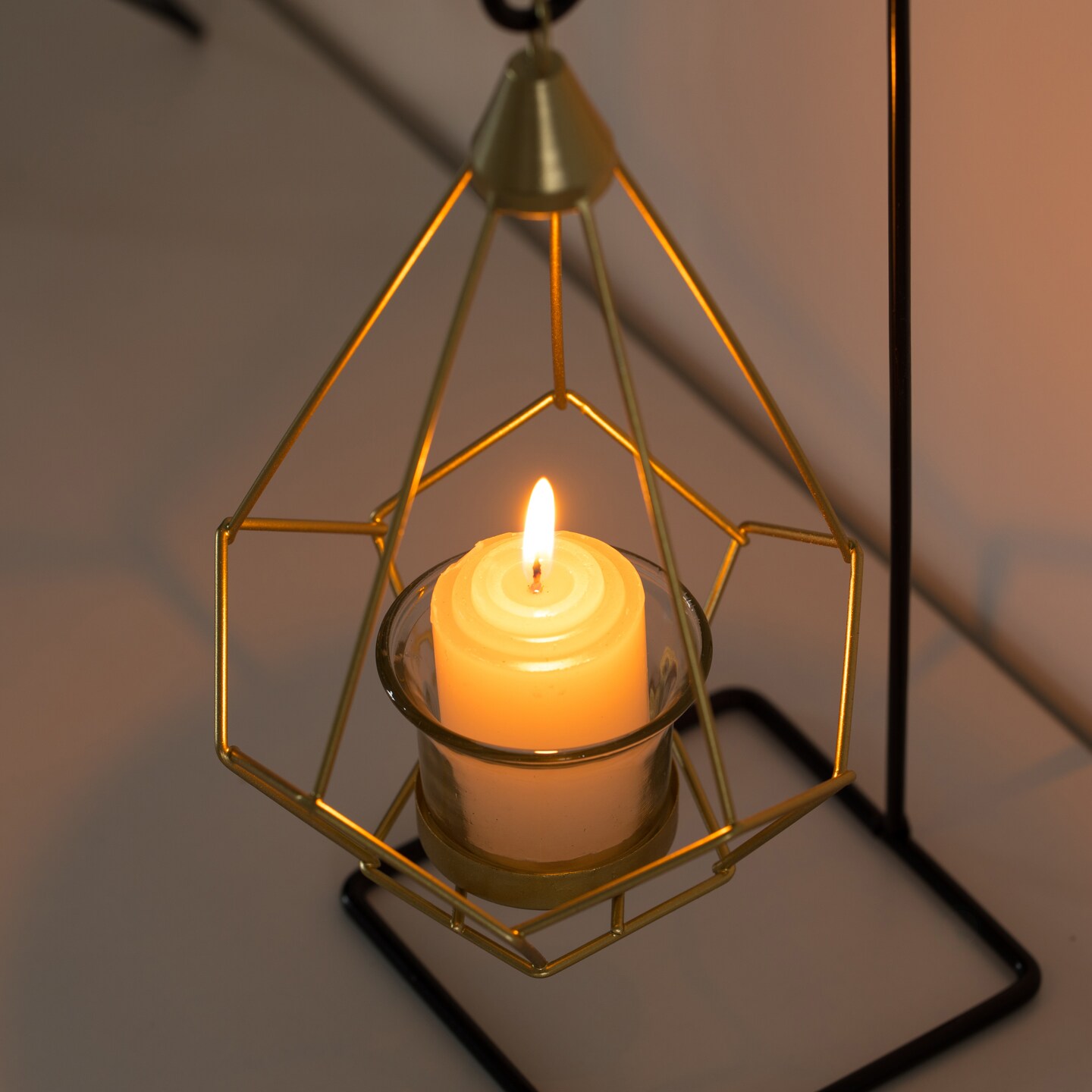 Fabulaxe QI004337 Geometric Framed Swinging Votive Candle Holder Decorative Modern Hanging Lantern Tabletop Centerpiece, Gold