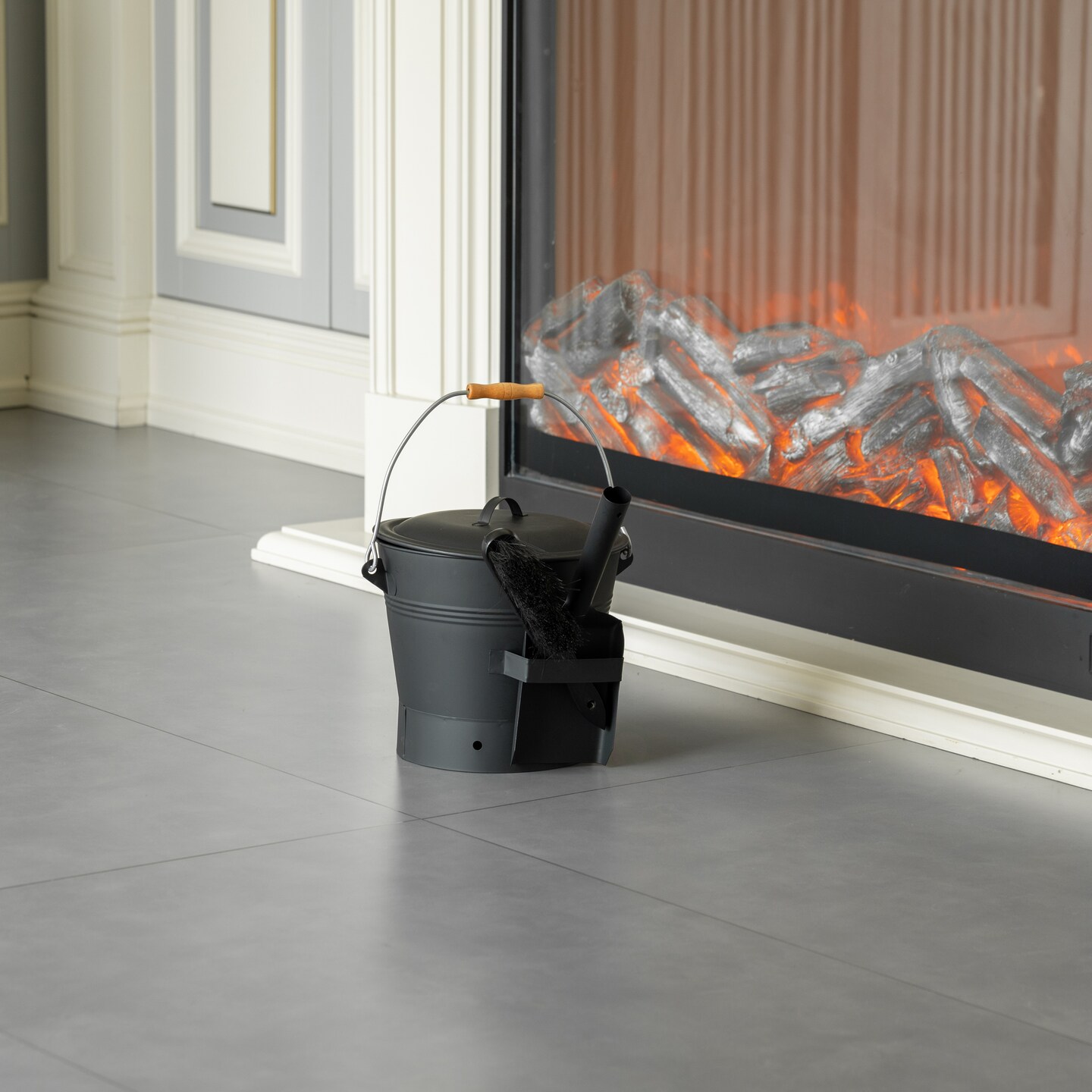 Black Iron Ash Bucket with Lid and Wood Handle Brush Use for Fire Pit, Wood Burning Stove and Grill