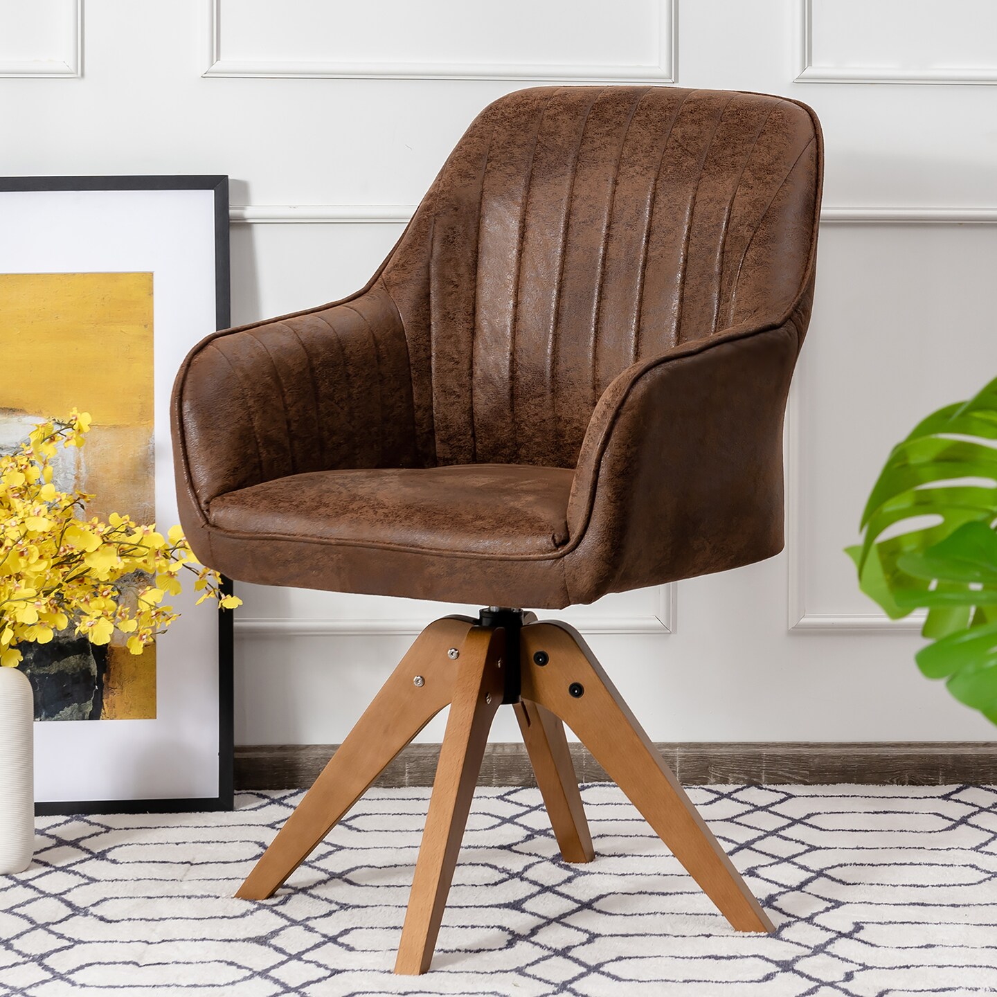 Costway Mid Century Swivel Accent Chair Hot-Stamping Cloth Armchair Retro Brown