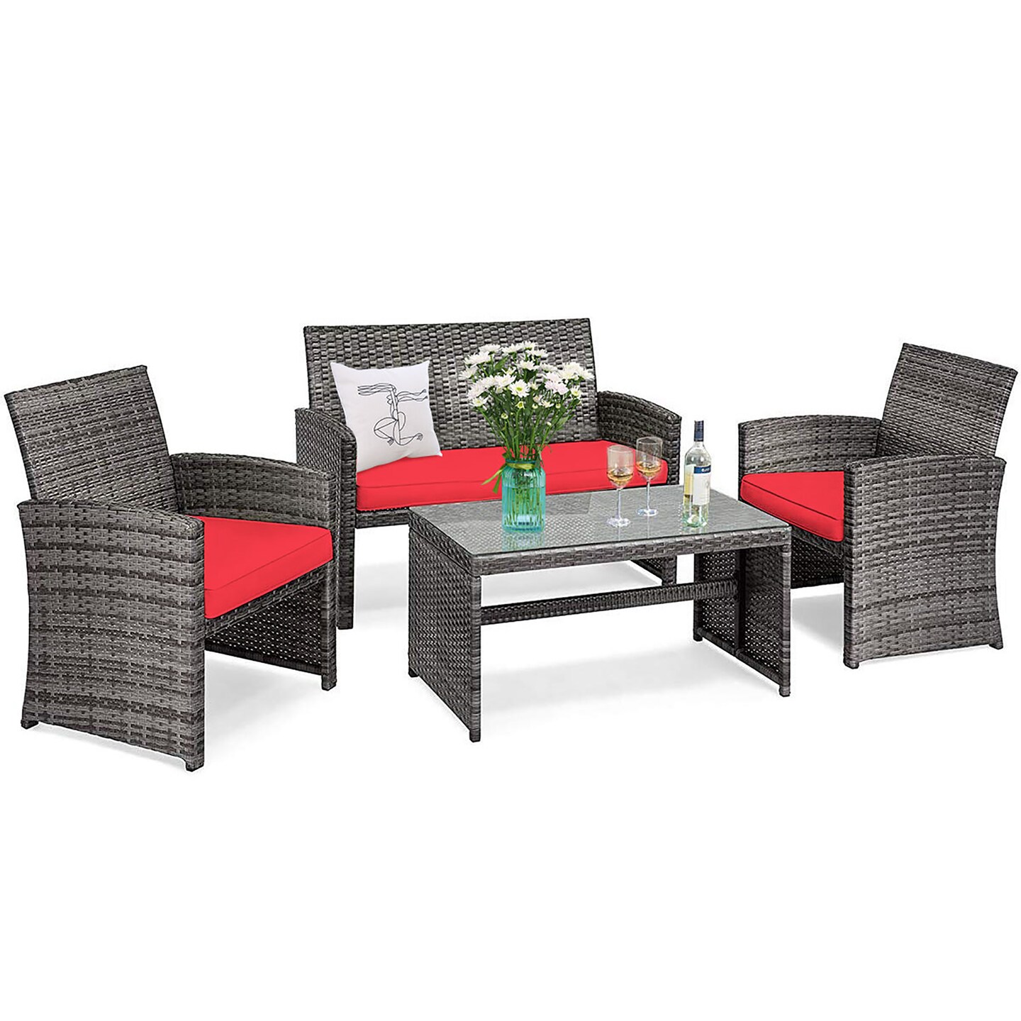 Costway 8PC Patio Rattan Furniture Set Glass Table Top Cushioned Sofa Turquoise\Red