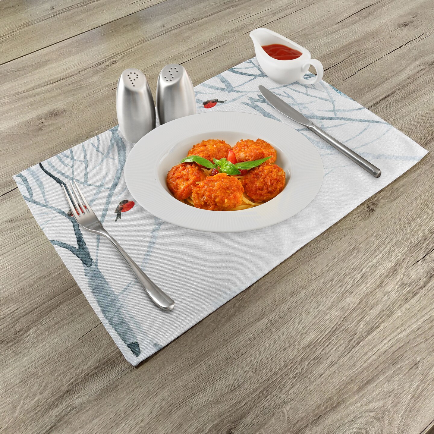 Ambesonne Modern Place Mats Set of 4, Trees Water Colored Image of Winter Woods with Bullfinches Print, Washable Fabric Placemats for Dining Table, Standard Size, Pale Grey White