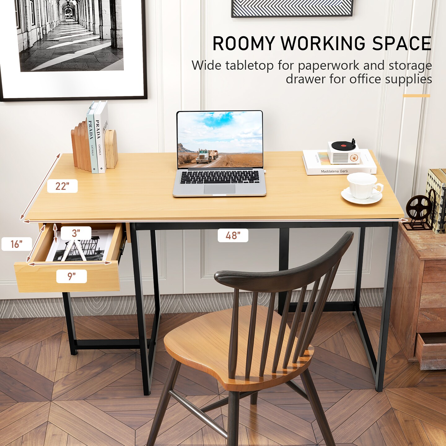 Costway Computer Desk Home Office Gaming Table Workstation Metal Frame with Drawer Walnut/Black/Rustic/Natural