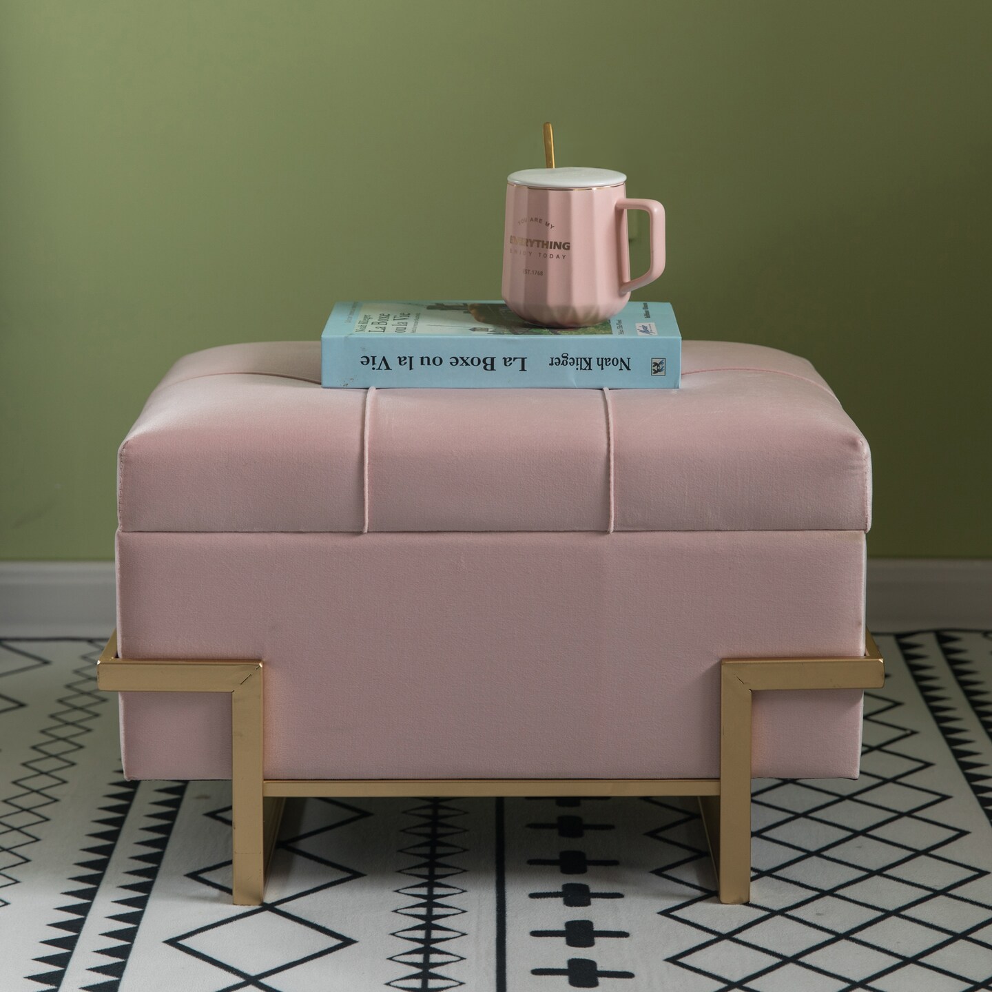 Rectangle Velvet Storage Ottoman Stool Box with Abstract Golden Legs | Decorative Sitting Bench for Living Room Home Decor with Unique Base Support
