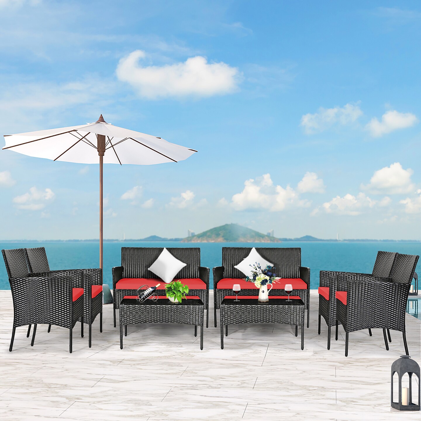 Costway 8PCS Rattan Patio Furniture Set Cushioned Sofa Chair