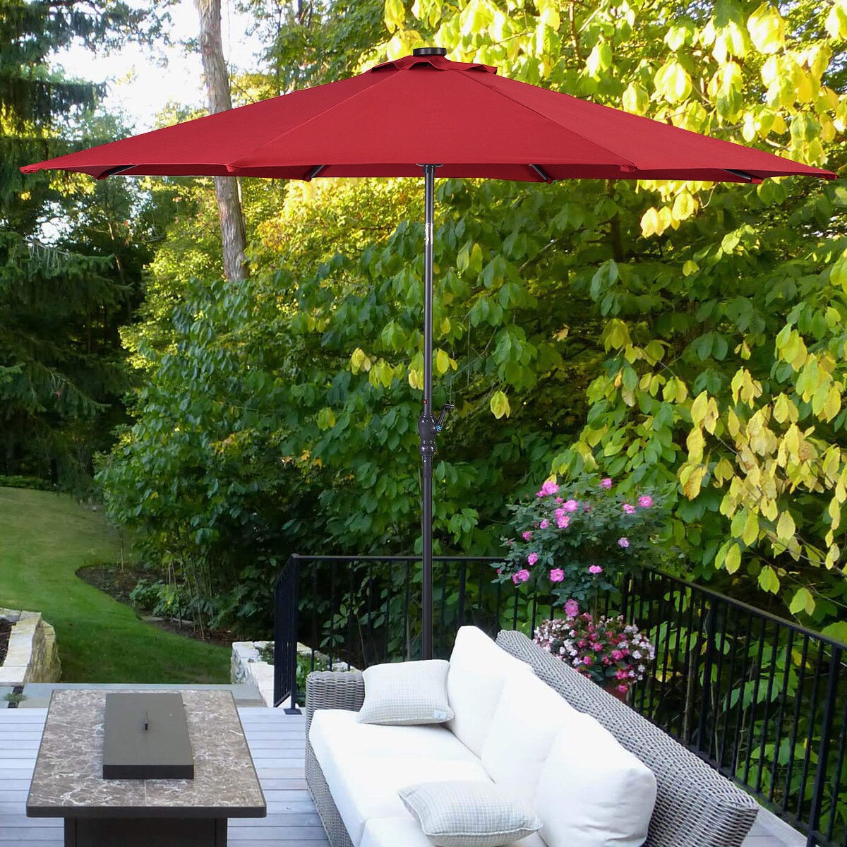 Costway 10ft Patio Solar Umbrella LED Patio Market Steel Tilt W/ Crank (Burgundy)