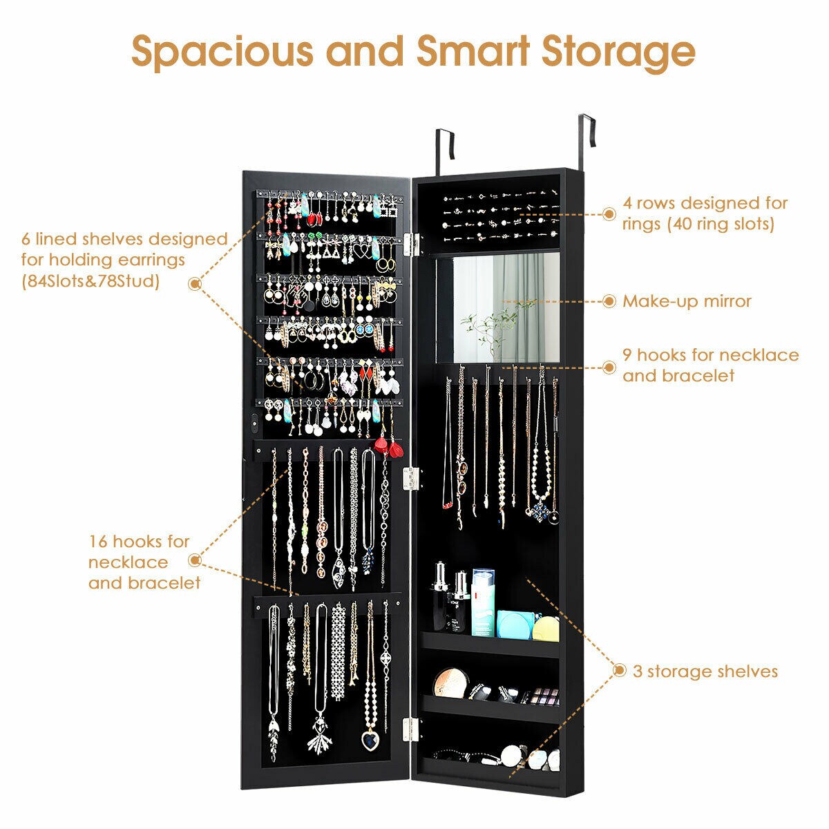 Full Length Mirror Jewelry Cabinet with Ring Slots and Necklace Hooks