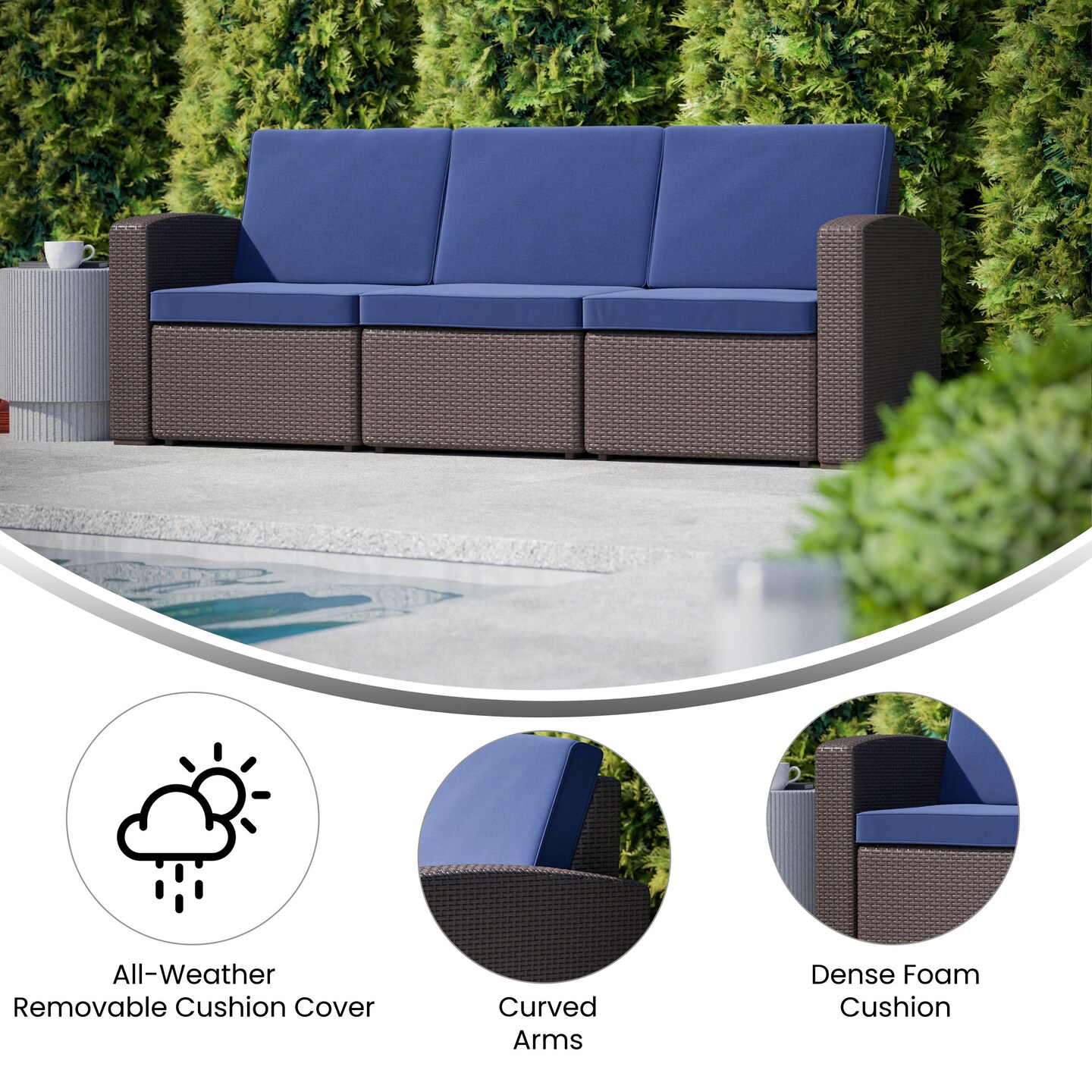 Merrick Lane Malmok Outdoor Furniture Resin Sofa Faux Rattan Wicker Pattern Patio 3-Seat Sofa With All-Weather Cushions