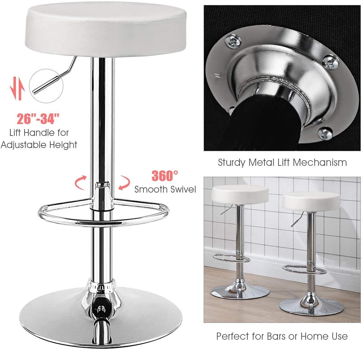 Set of 2 Height Adjustable Swivel Round Bar Stool with Stainless Steel Chrome Base Perfect for Seating in Any Room