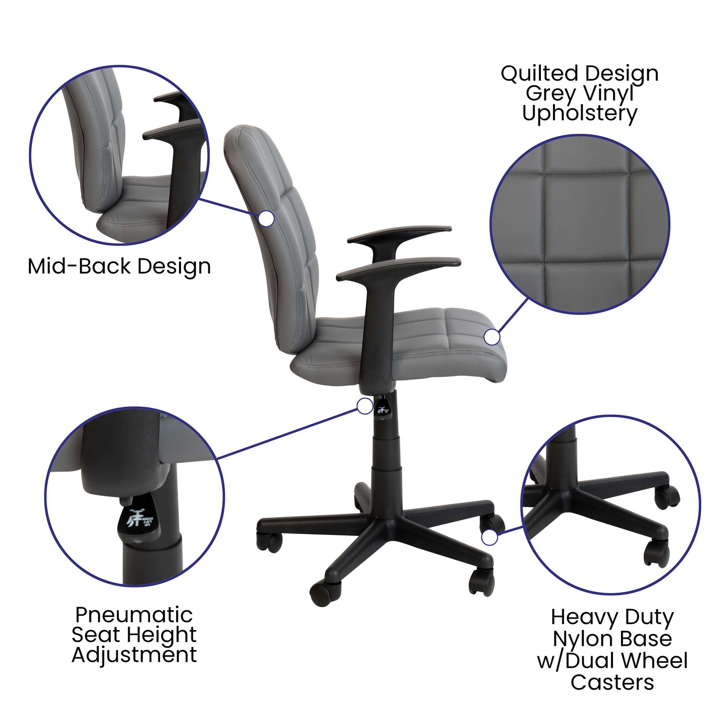Emma and Oliver Mid-Back Quilted Vinyl Swivel Task Office Chair with Arms