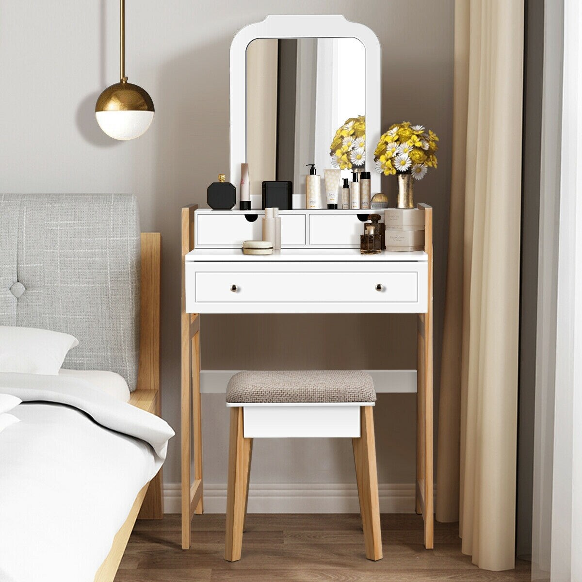 White and Natural Dressing Table with Mirror, 3 Drawers, and Padded Stool