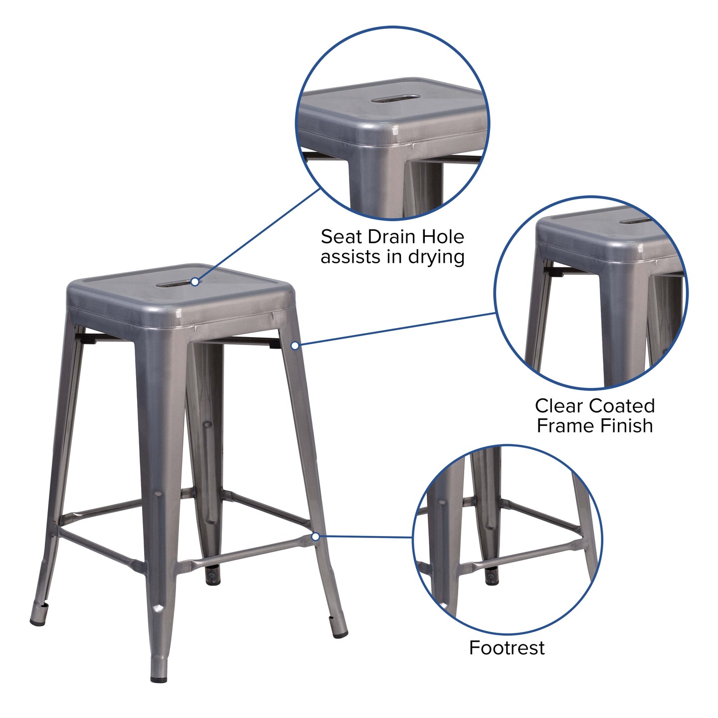 Merrick Lane 24" High Powder Coated Backless Metal Counter Stool with Clear Coat Finish and Plastic Floor Glides for Indoor Use