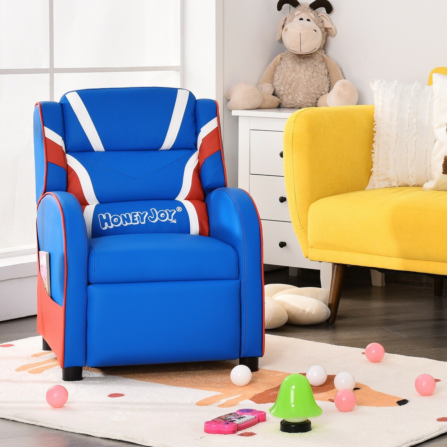 Kids Adjustable Recliner Chair with 2 Side Storage Pockets Ideal for Children Room or Home Theater