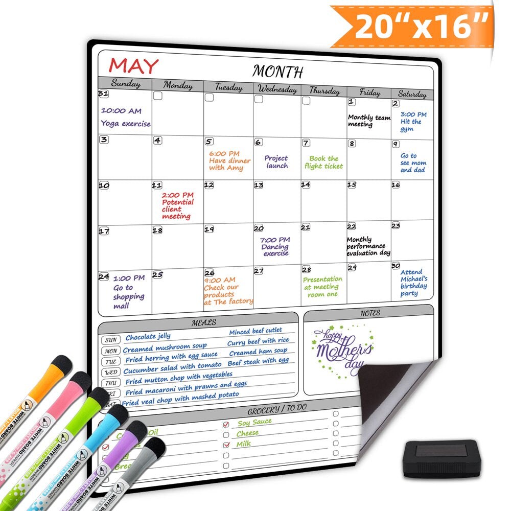 JJPRO Magnetic Chalkboard Monthly Calendar with neon Bright Liquid Chalk  Markers – Black Refrigerator Monthly Planning Board w/Bonus - Grocery List