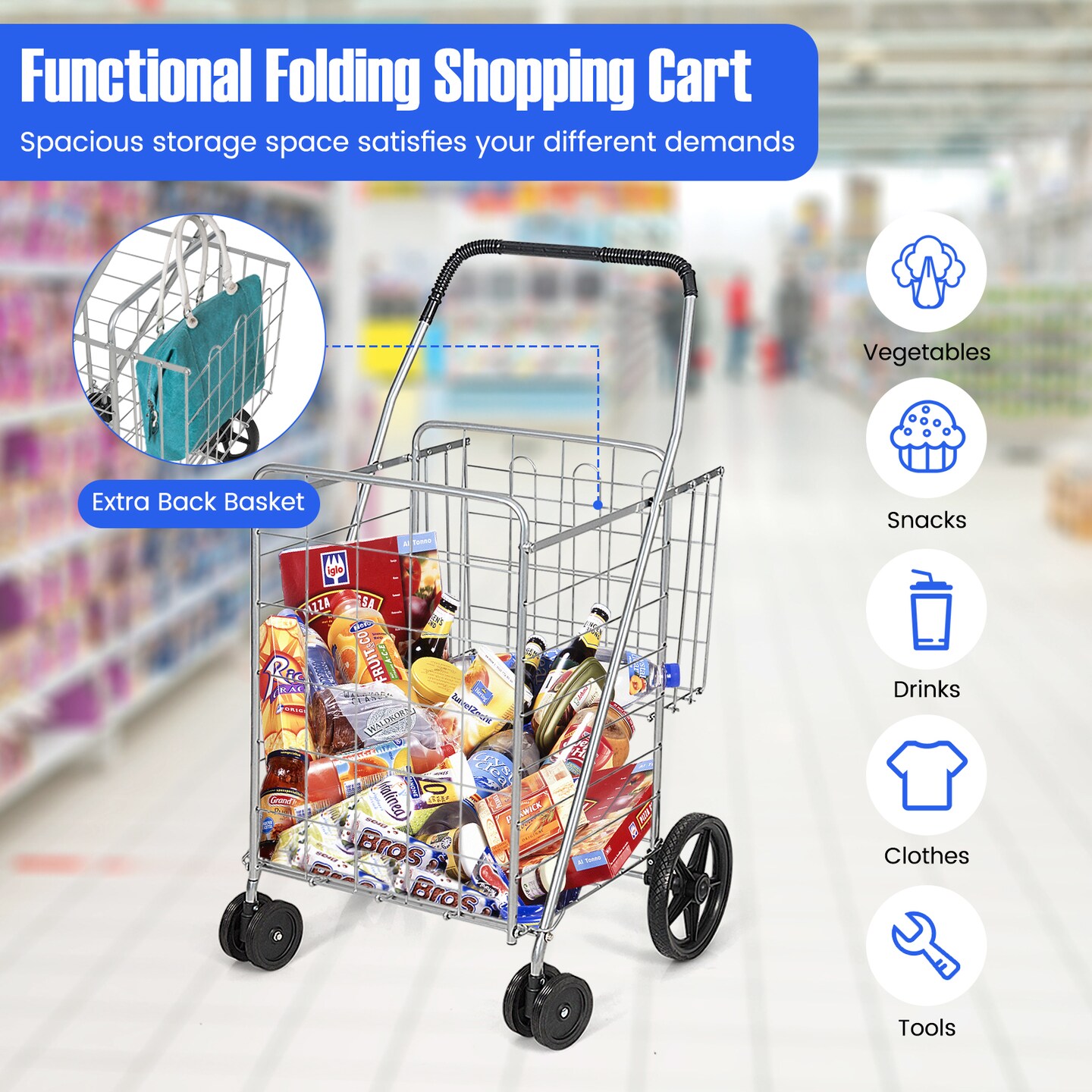 Folding Shopping Cart for Laundry with Swiveling Wheels &#x26; Dual Storage Baskets