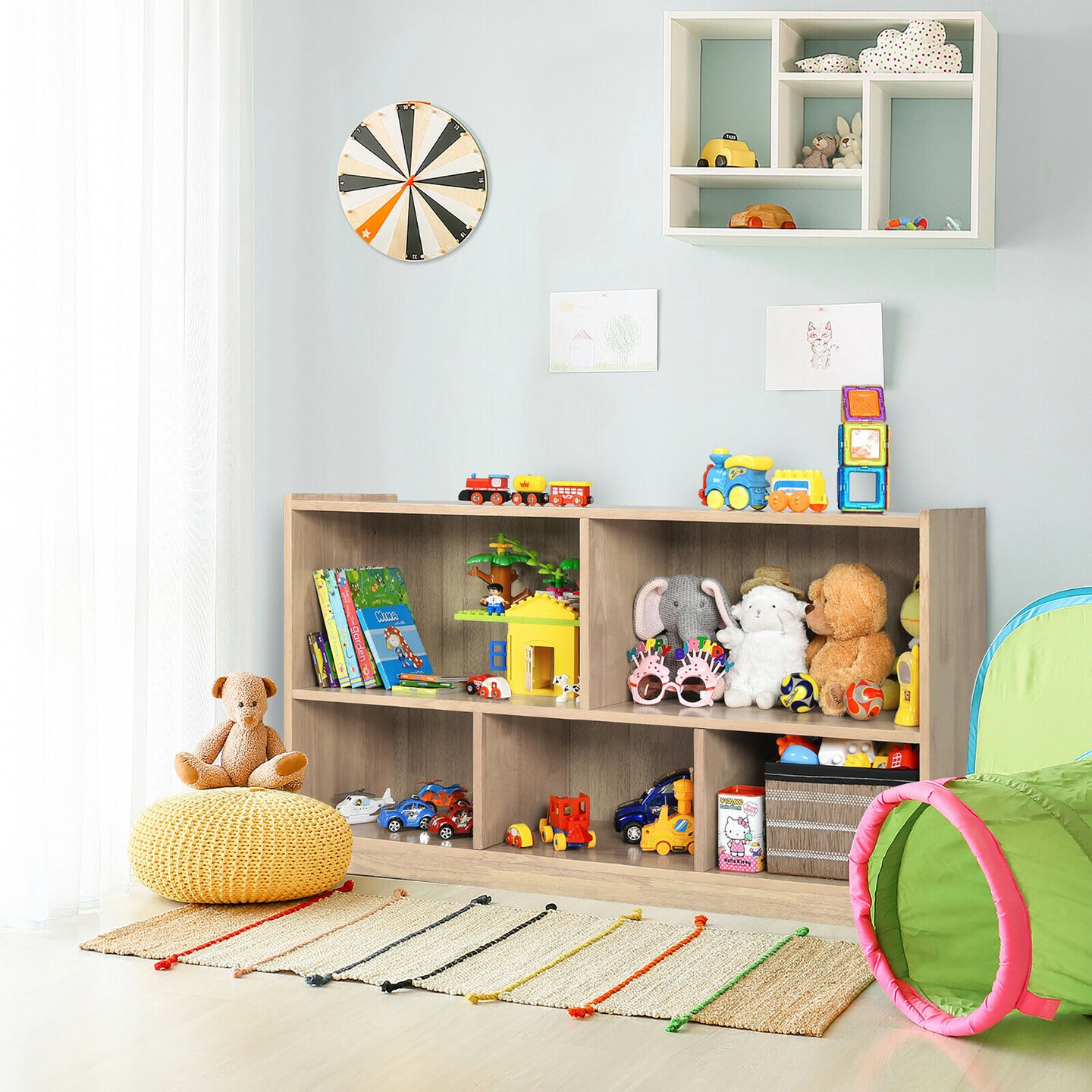 Costway Kids 5-Cube Storage Cabinet 2-Shelf Wood Bookcase Organizer Natural