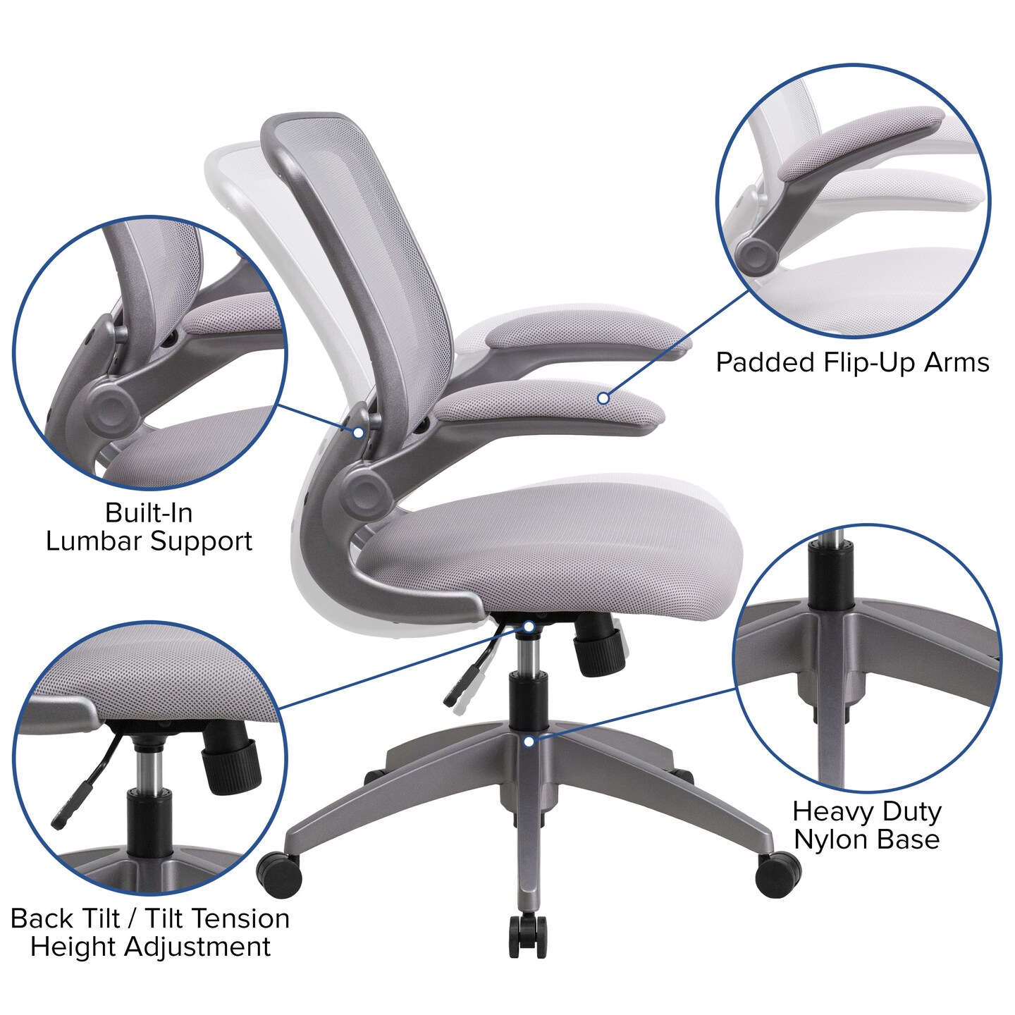 Emma and Oliver Mid-Back Mesh Swivel Ergonomic Task Office Chair with Gray Frame & Flip-Up Arms