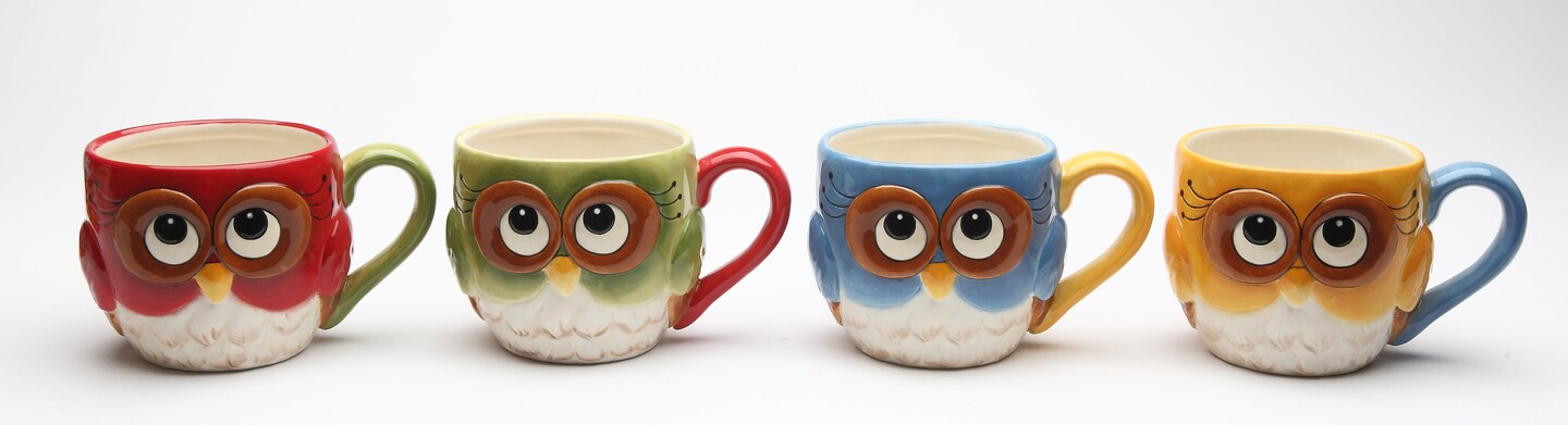 Ceramic Set Of 4 Colorful Owl Mugs, Home D&#xE9;cor, Gift for Her, Gift for Mom, Kitchen D&#xE9;cor, Birdwatcher Gift