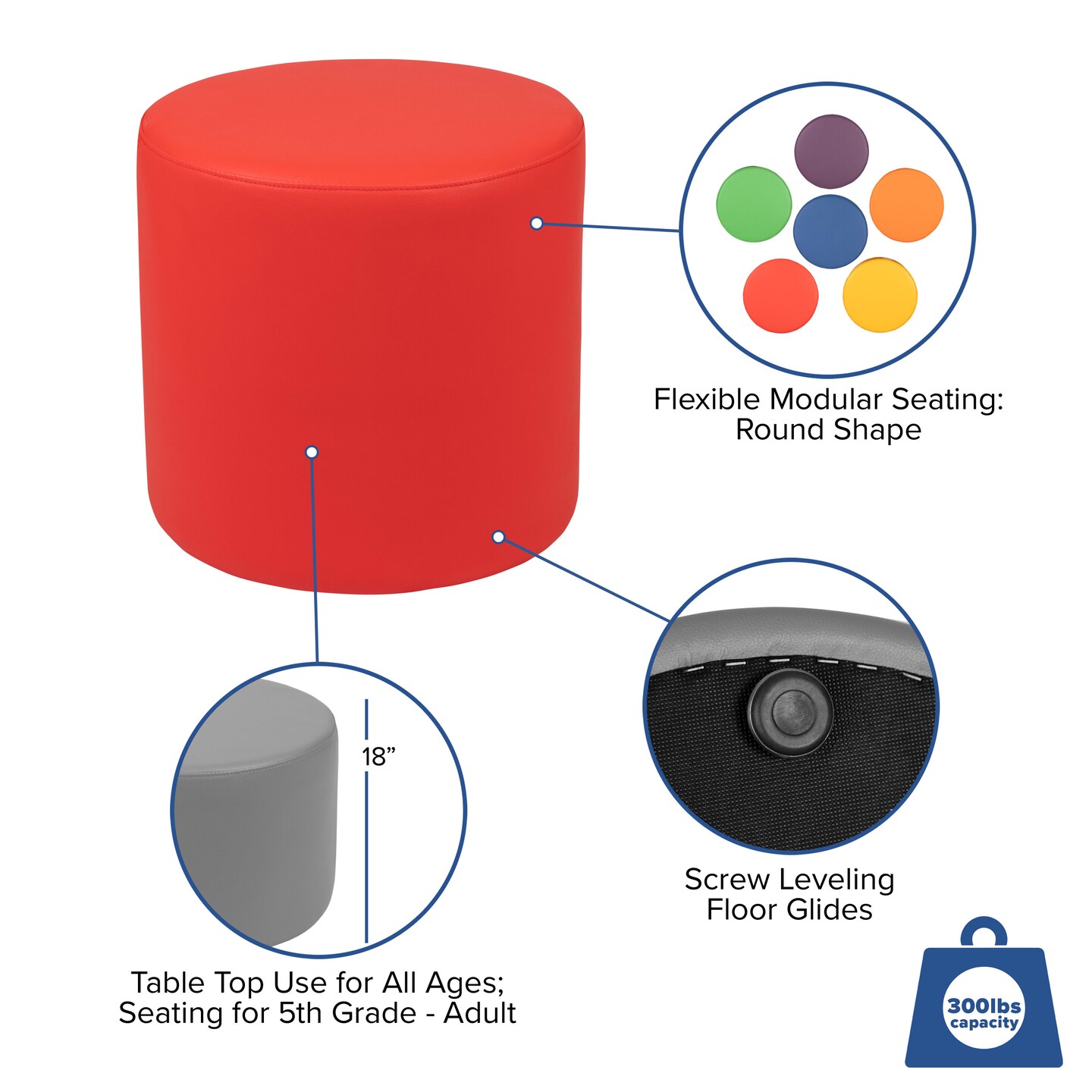 Emma and Oliver 18"H Soft Seating Flexible Circle Backless Chair for Classrooms and Common Spaces