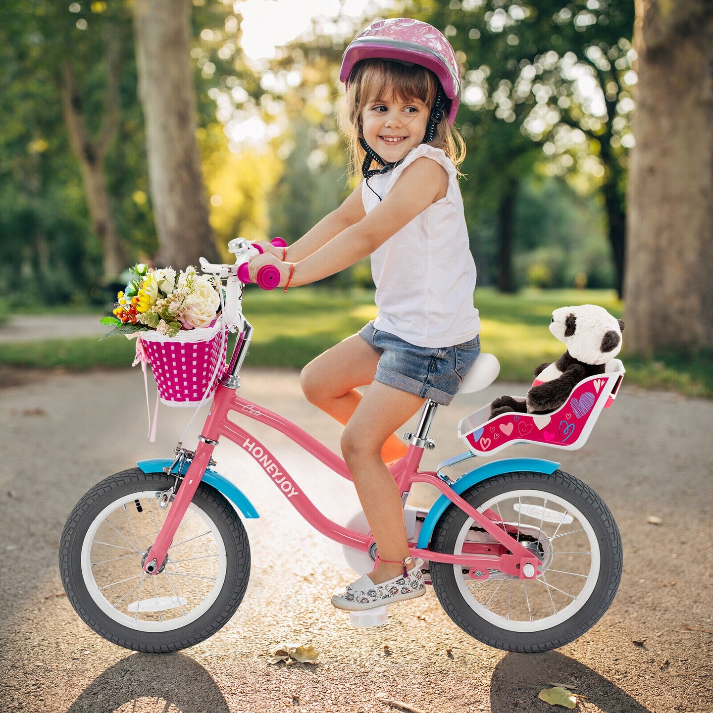 Pink Kids Bicycle with Training Wheels and Beautiful Basket for Girls
