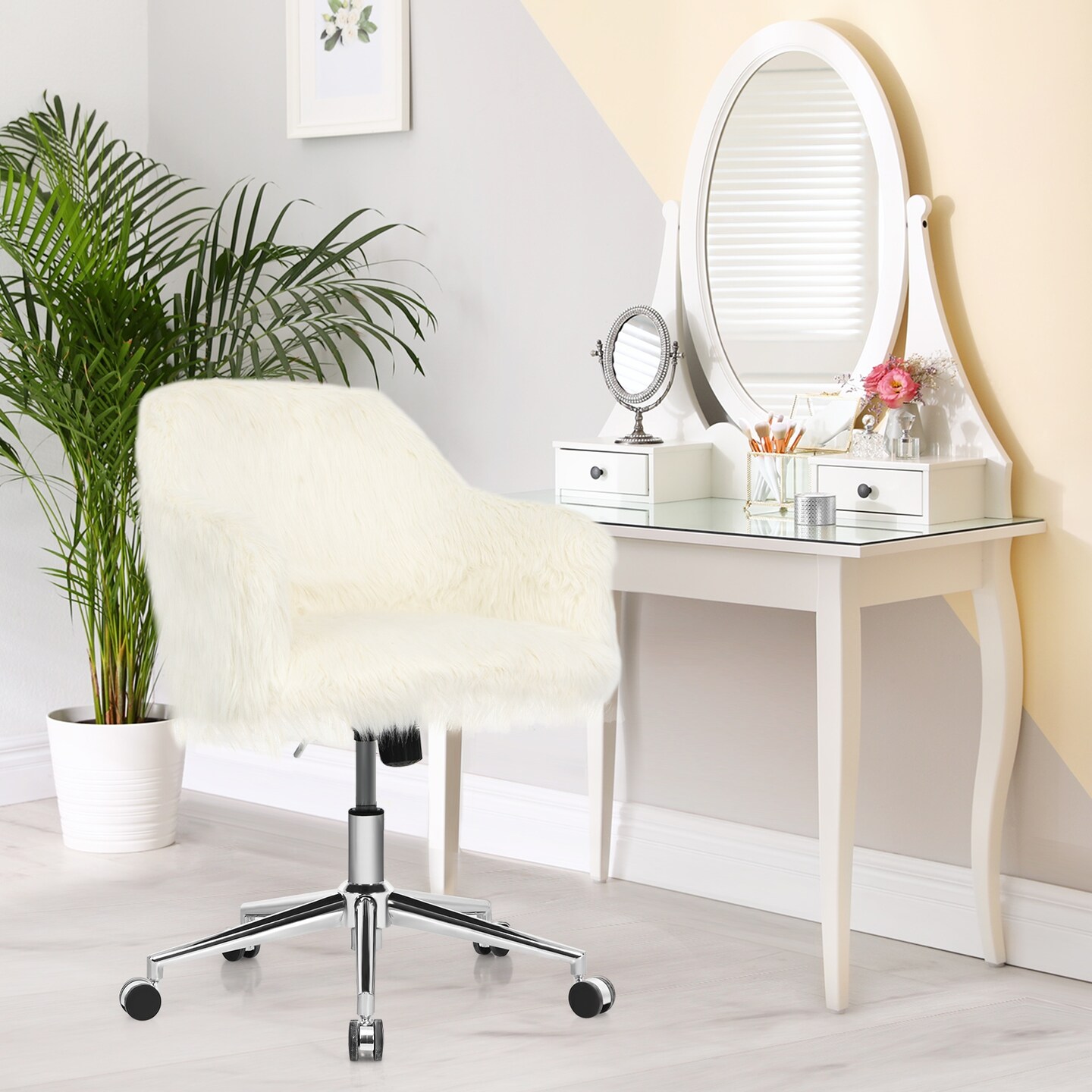 Beige Faux Fur Vanity Chair Adjustable Height Swivel Rolling Metal Base
