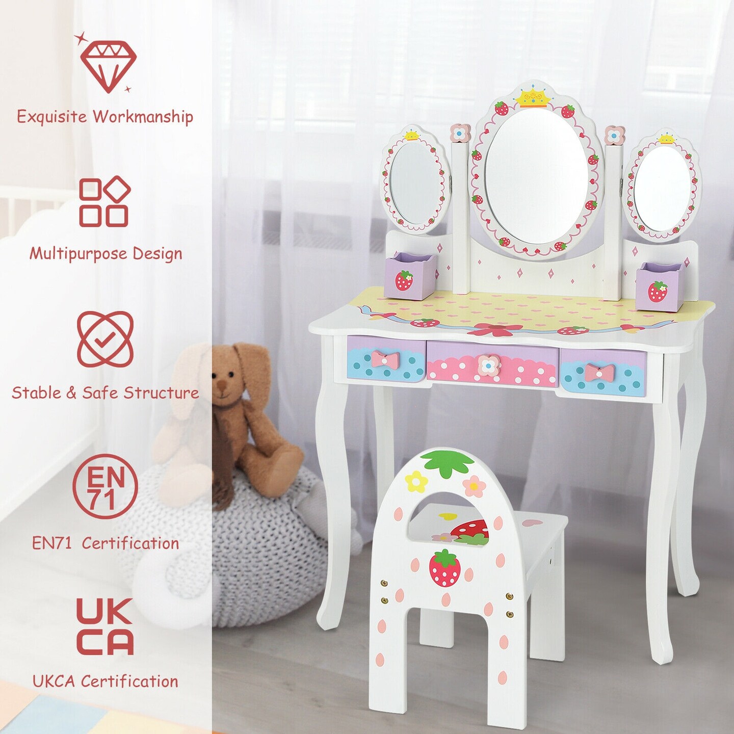 Kids Vanity Princess Makeup Dressing Table Chair Set with Tri-fold Mirror