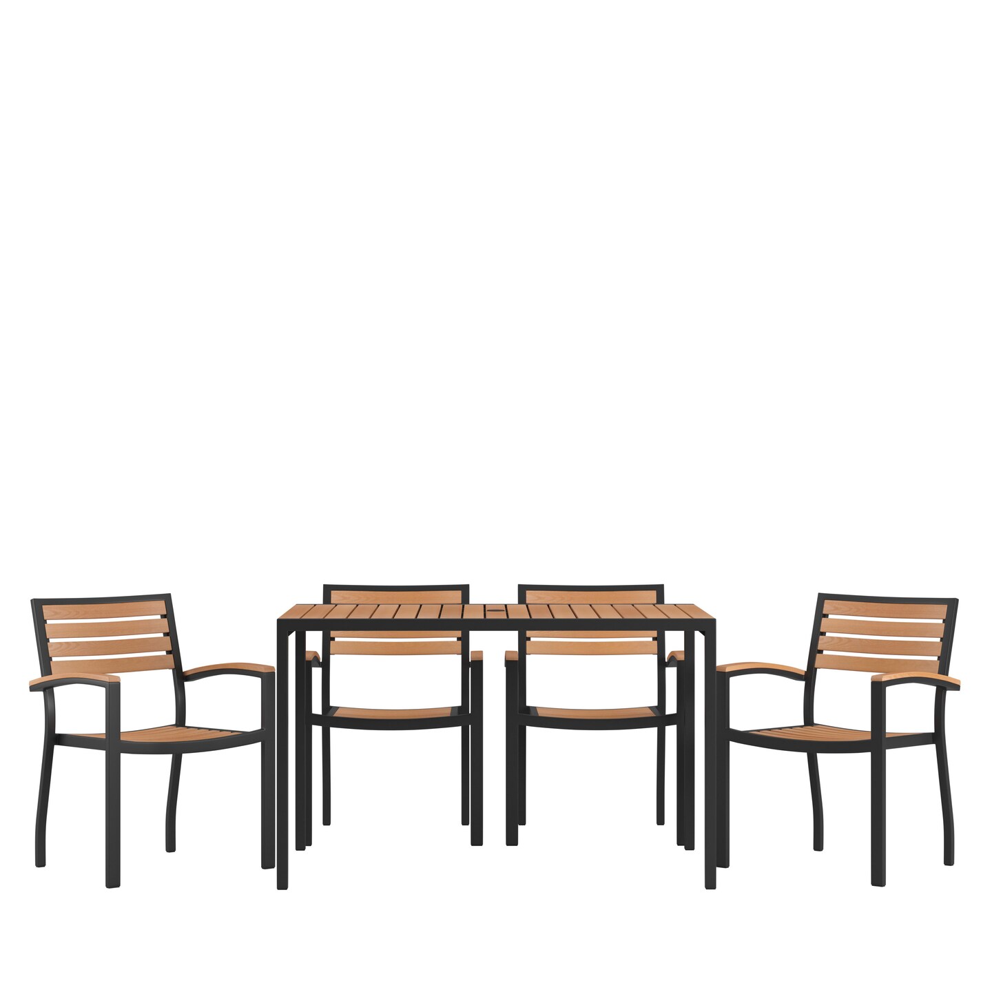 Merrick Lane Chara 5 Piece Outdoor Synthetic Teak Poly Slat Table & Chairs Set - Steel Framed Table with Umbrella Hole & 4 Club Chairs