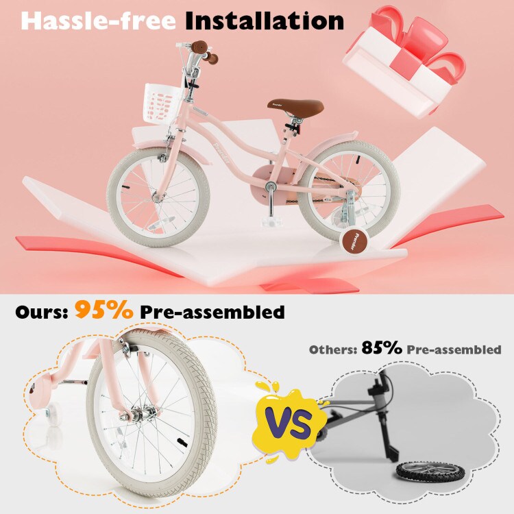 16 Inch Kids Adjustable Bike with Cute Basket for Storage and 2 Training Wheels