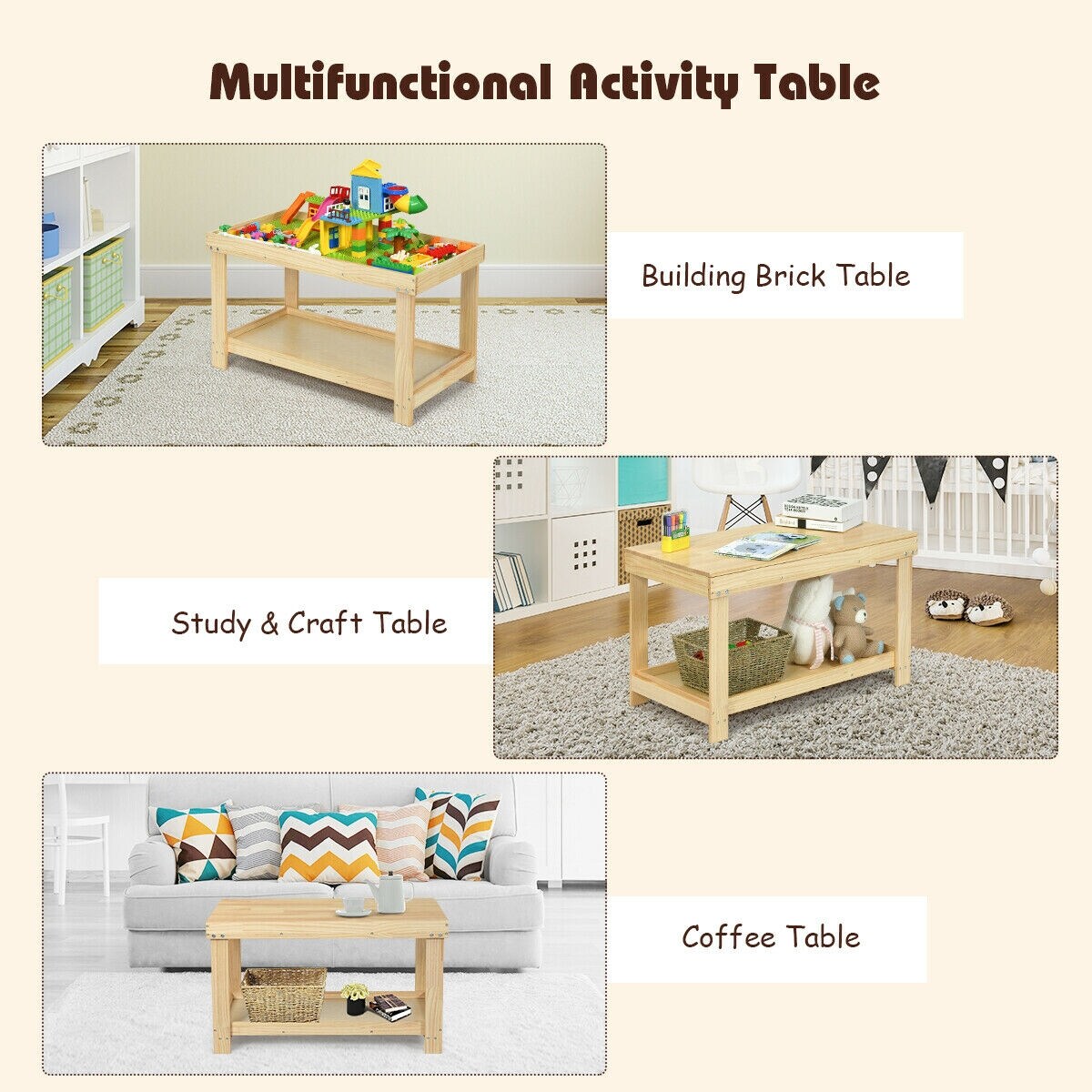 Solid Multifunctional Wood Kids Activity Play Table