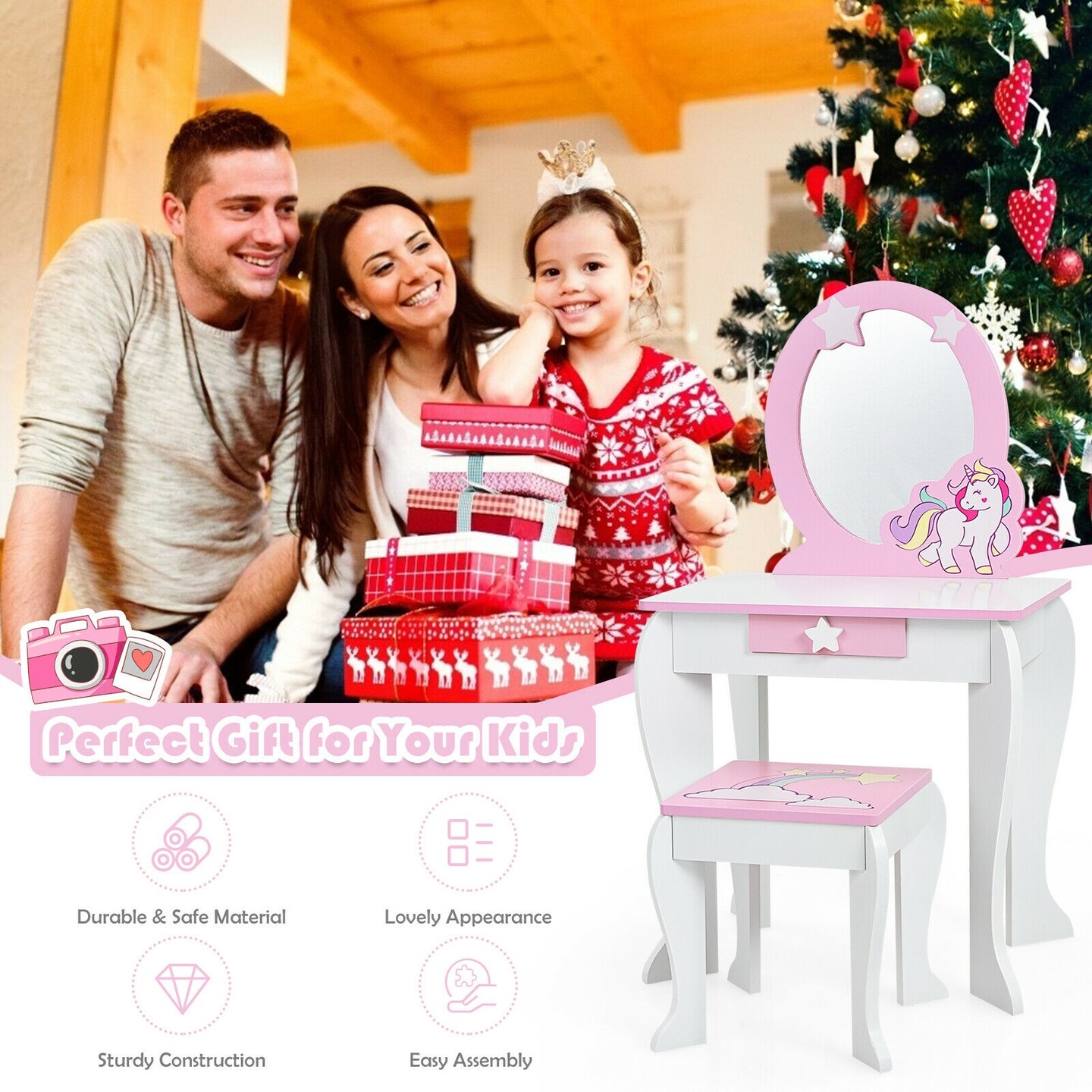 Kids Wooden Makeup Dressing Table and Chair Set with Mirror and Drawer