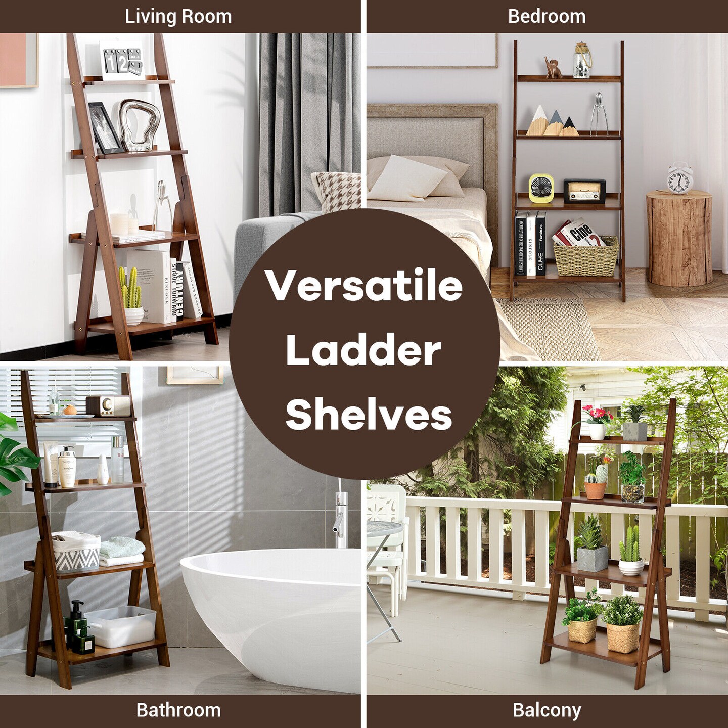 4-Tier Bamboo Ladder Shelf Bookcase for Study Room