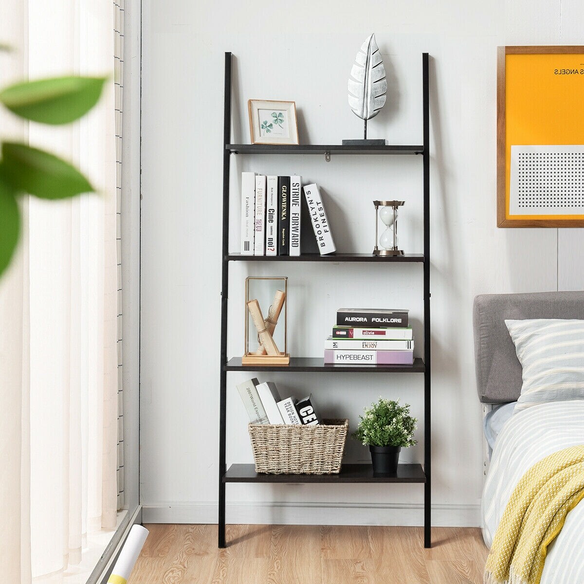 Metal Particle Board 4-Tier Ladder Shelf with Wall Mount