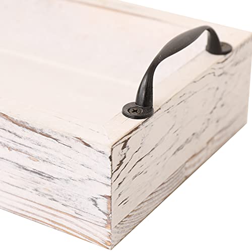Rustic Wooden Serving Trays Rectangular with Handle,Ottoman Tray for Living Room 16 Inch Long for Serving Wine(whitewashed)