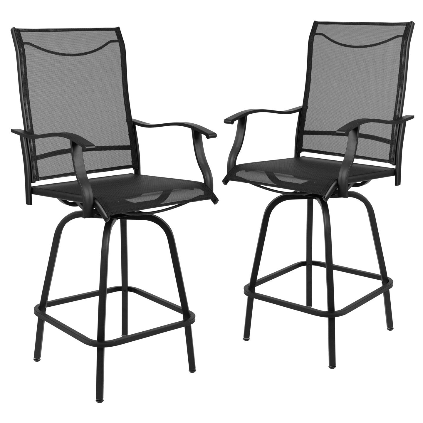 Merrick Lane Set of 2 Brett High Back Bar Height Swivel Patio Stools with Powder Coated Metal Frames and Textilene Upholstery