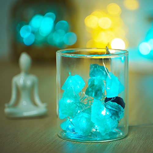 BOHON Natural Fluorite String Lights Battery Operated with Remote Sea Glass Raw Stones Decorative Lights 6.5ft 20 LEDs String Lights for Bedroom Party Indoor Christmas Wedding Decor