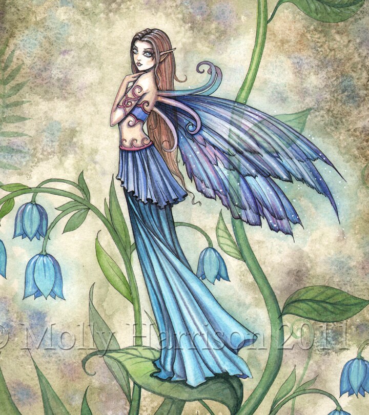 Blue Bell Flower Fairy Watercolor Fantasy Art Print by Molly Harrison
