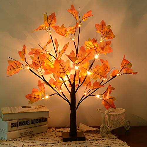 Artificial Fall Lighted Maple Tree 24 LED Thanksgiving Decorations Table Lights Battery Operated for Wedding Party Gifts Indoor Outdoor Autumn Harvest Home Decor