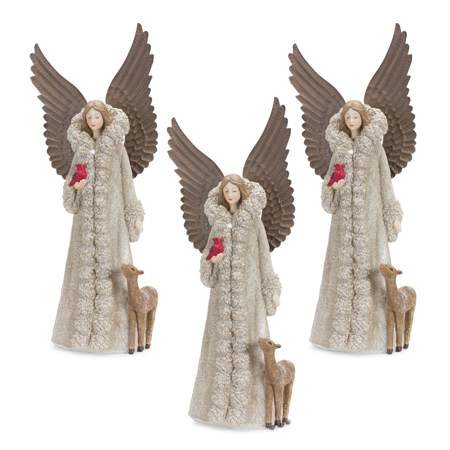 Melrose Set of 3 Angel Holding Bird with Reindeer Christmas Figurines 16.5&#x22;
