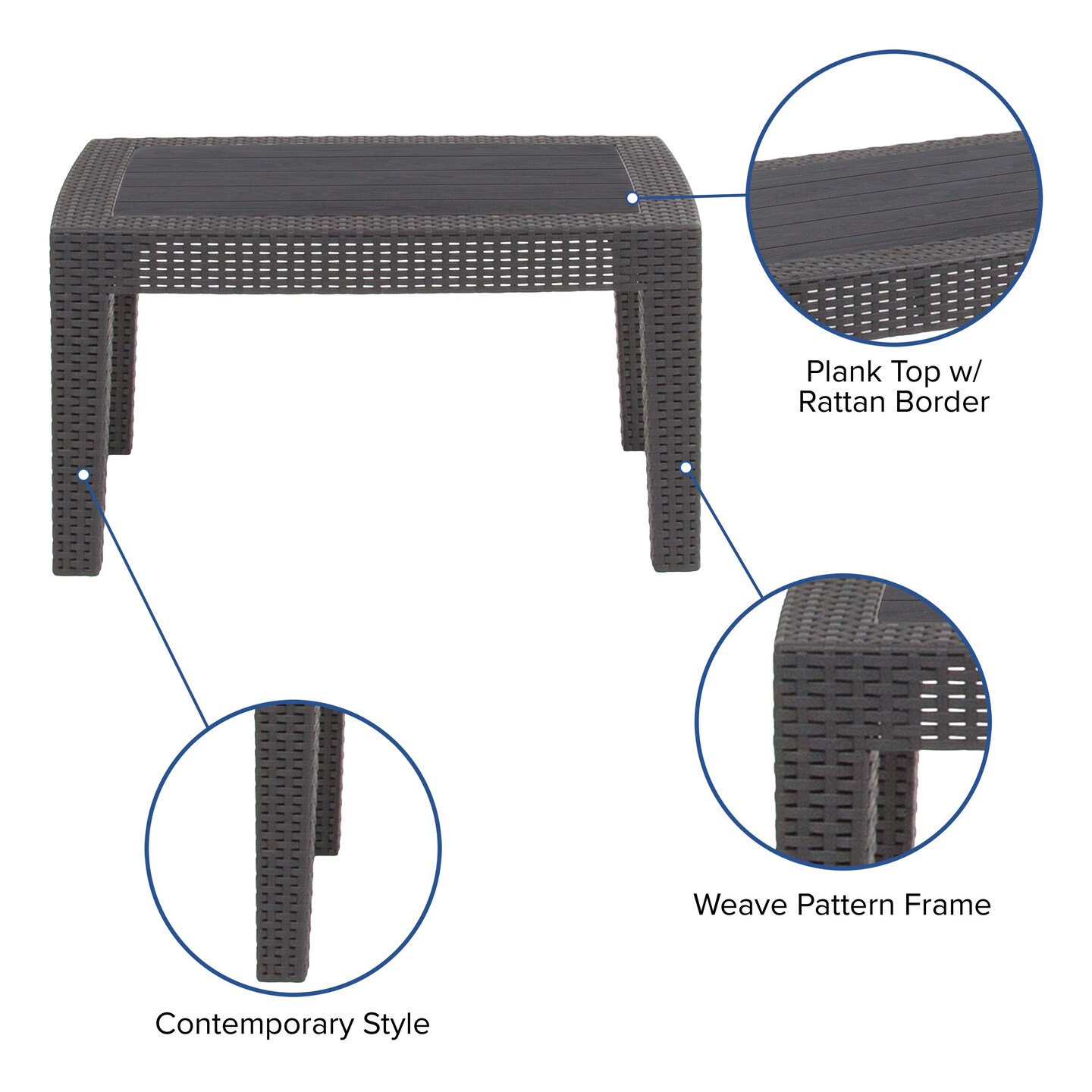 Merrick Lane Malmok Outdoor Coffee Table Faux Rattan Wicker Pattern Resin All-Weather Patio Coffee Table With Wood Plank Top Design