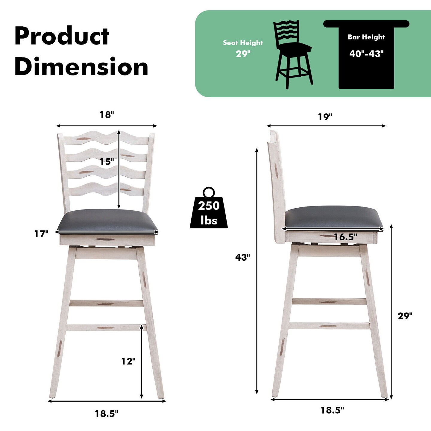 360&#xB0; Swivel Bar Stools with Rubber Wood Frame and Ergonomic Backrest and Footrest-29 inches