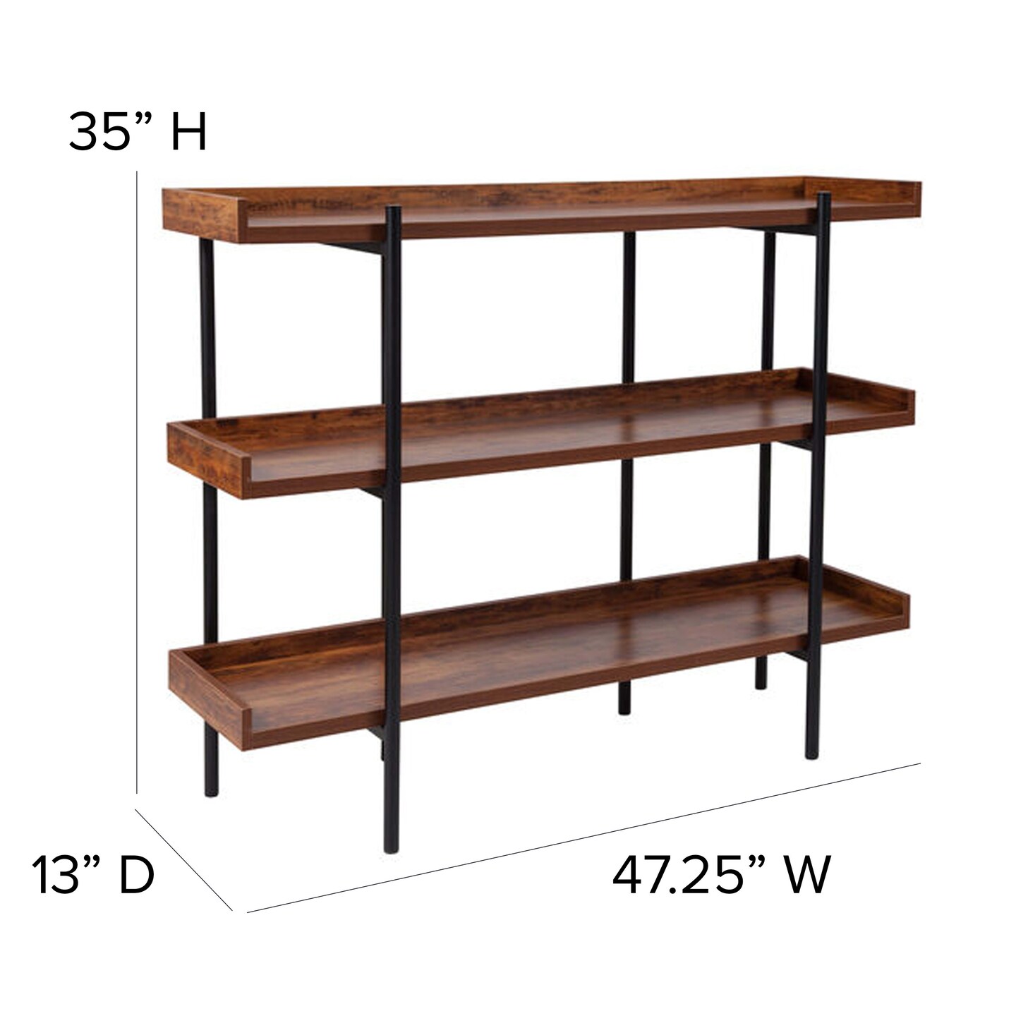 Merrick Lane Madison Industrial Style 3 Tiered Shelving Unit With Metal Frame and Raised Border - 35"H