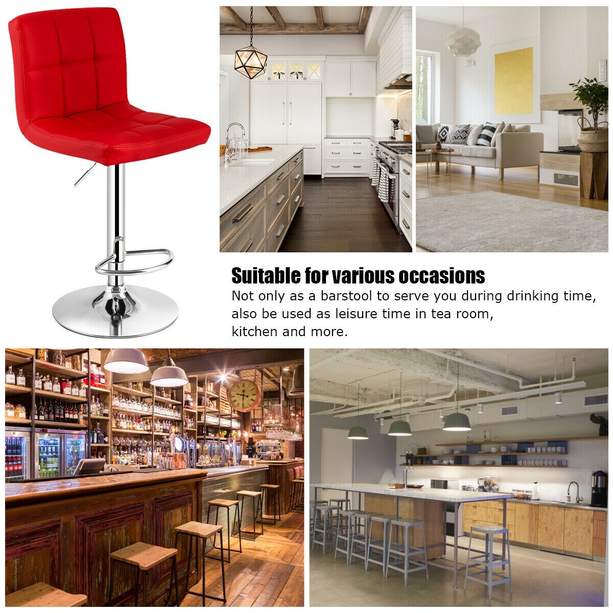 Set of 2 Square Swivel Adjustable PU Leather Bar Stools with Back and Footrest