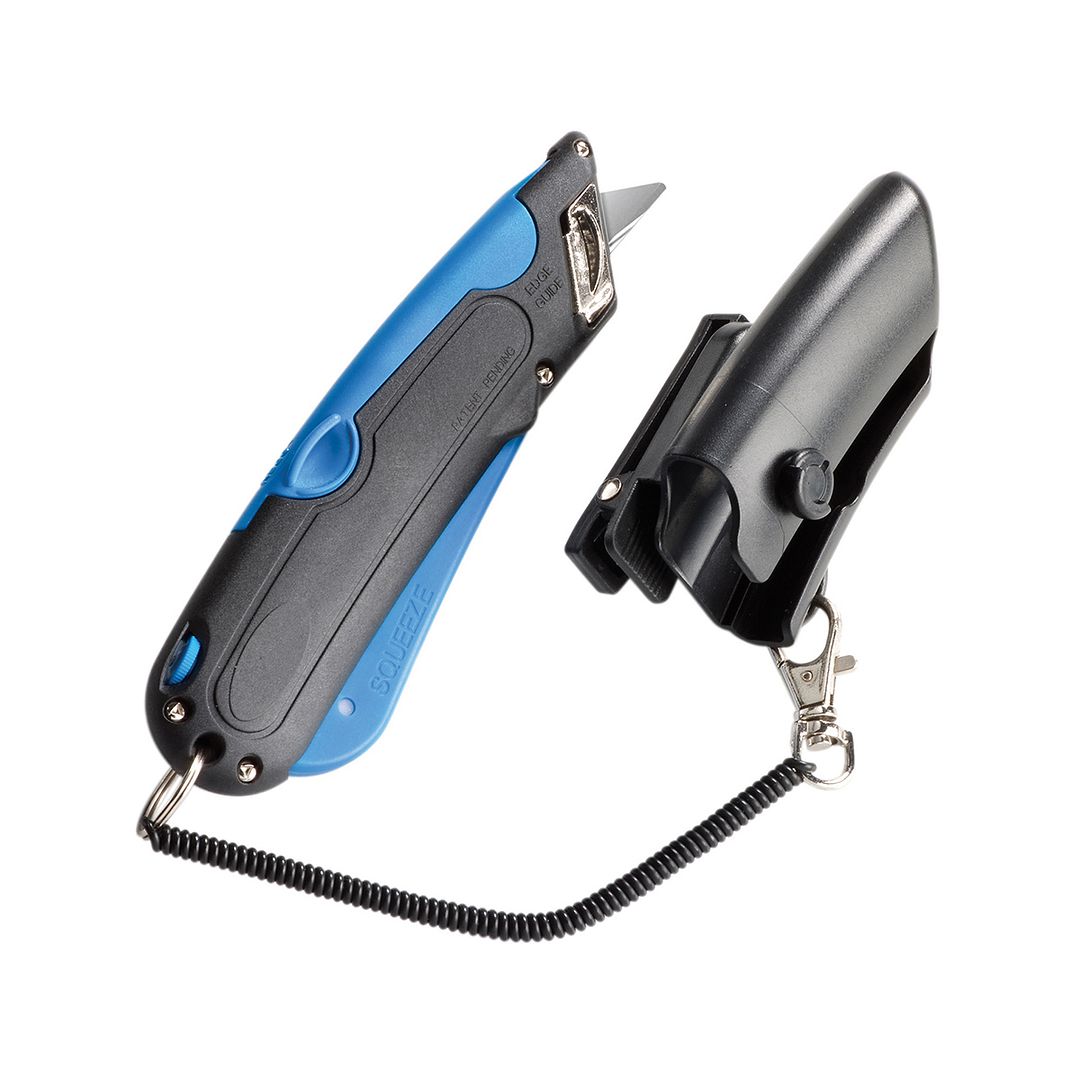 Garvey Box Cutter Knife with Shielded Blade Storage Compartment, Self-Retracting Cutter with Belt Holster for Boxes, Carboard, Cartons and Plastics, Black and Blue (091524)