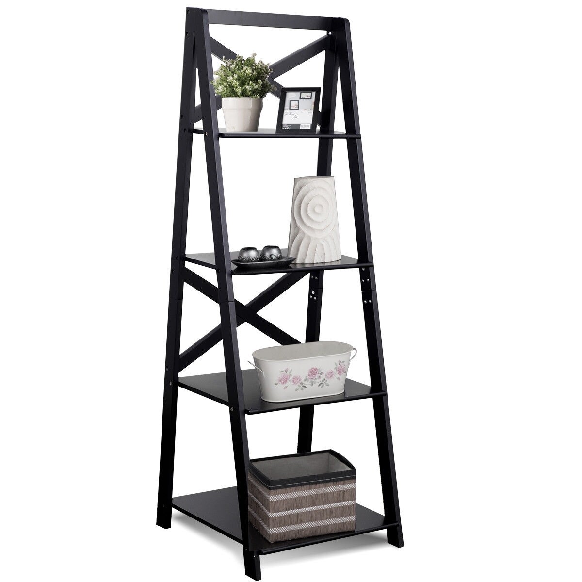 MDF 4-Tier Free Standing Ladder Shelf Bookcase with Space-Saving Design