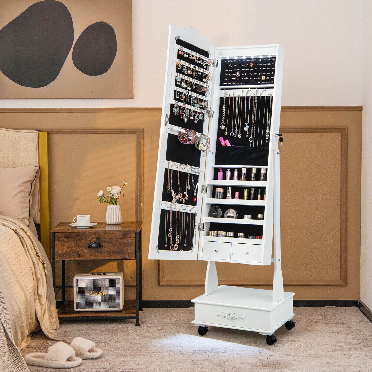 Rolling Floor Standing Mirrored Jewelry Armoire with Lock and Drawers